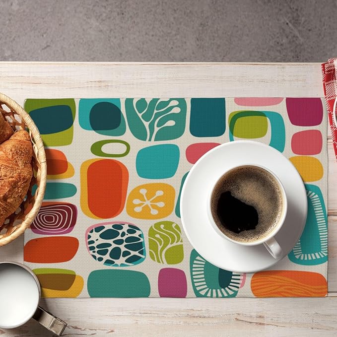 Mid Century Colorful Modern Placemats Set of 6,Kitchen Table Mats for Dining Outdoor Home Decor 12x18 Retro Place Mats 6 PCS, Style-15