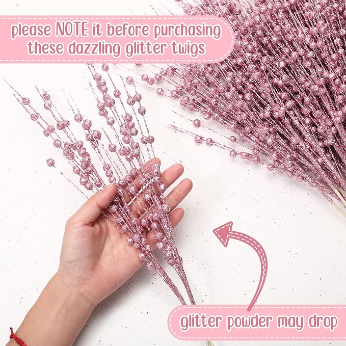Geosar 30 Pcs Christmas Artificial Glitter Berry Stem Decorations 17 Inch Faux Stick Floral Pick Centerpiece Bouquet Flower Bead Twigs for Centerpiece Tree Wreath Xmas Ornaments Home(Pink)