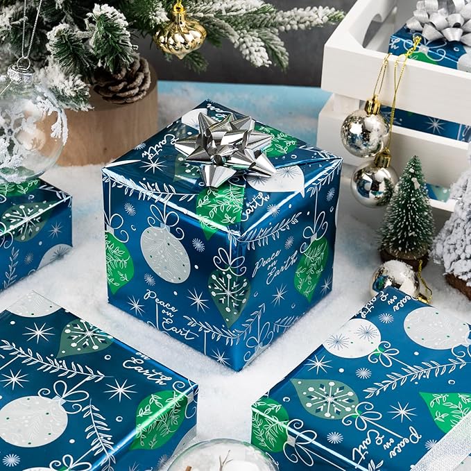 MAYPLUSS Christmas Gift Wrapping Paper Roll - 17 Inch X 33 Feet - Luxury Metallic Vintage Navy Blue Elegant Christmas Ornaments Winter Gift Wrap Present Paper for Holiday, Hanukkah, Festive Decoration