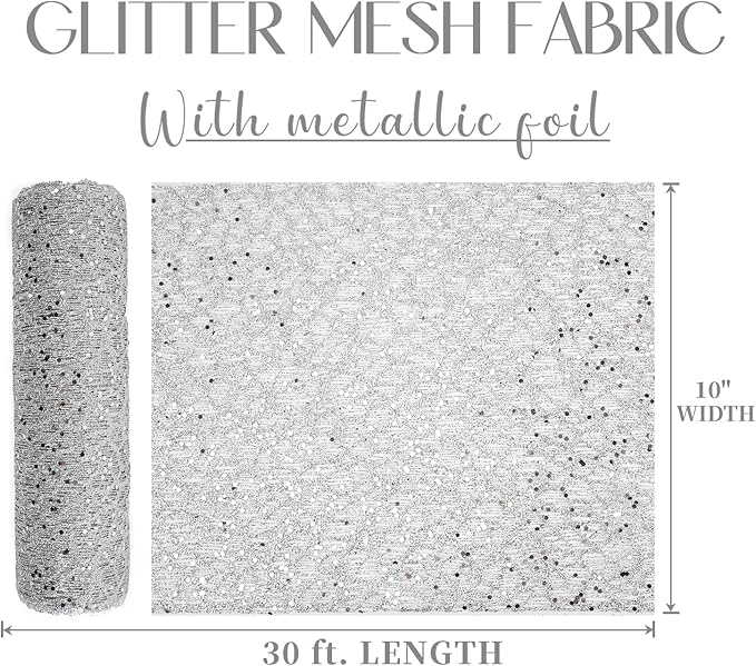 MEEDEE Silver Glitter Mesh Web Ribbon 10 Inch Wide by 10 Yards Roll Fabric Ribbon Silver Decorative Mesh Ribbon for Christmas Tree, Garland, Holiday Wreaths, Bows, Home Decor