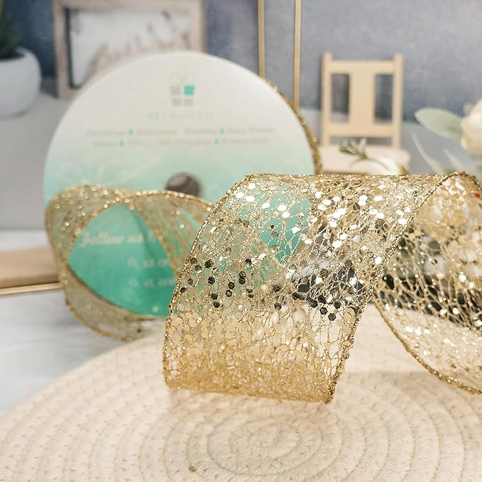 CT CRAFT LLC Sparkling Glitter Mesh Wired Ribbon 2.5" x 20 Yards Gold for Christmas Home Decor Bow Gift Wrapping DIY Crafts Wreath