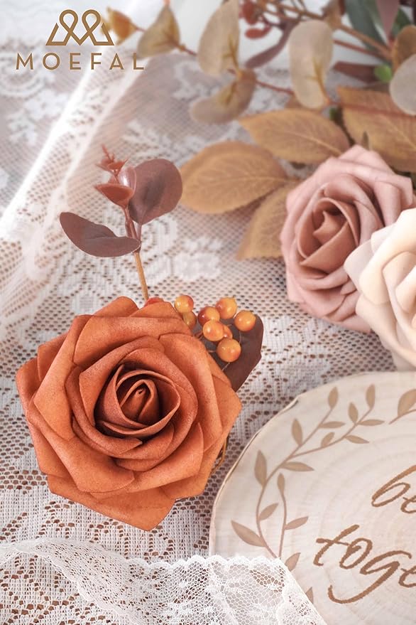 25Pcs Artificial Foam Roses 3 Inch, Terracotta Sunset Palette with Burnt Orange & Nude Shades, Realistic Flowers for DIY Boho Wedding Bouquets, Centerpieces, Fall Decor