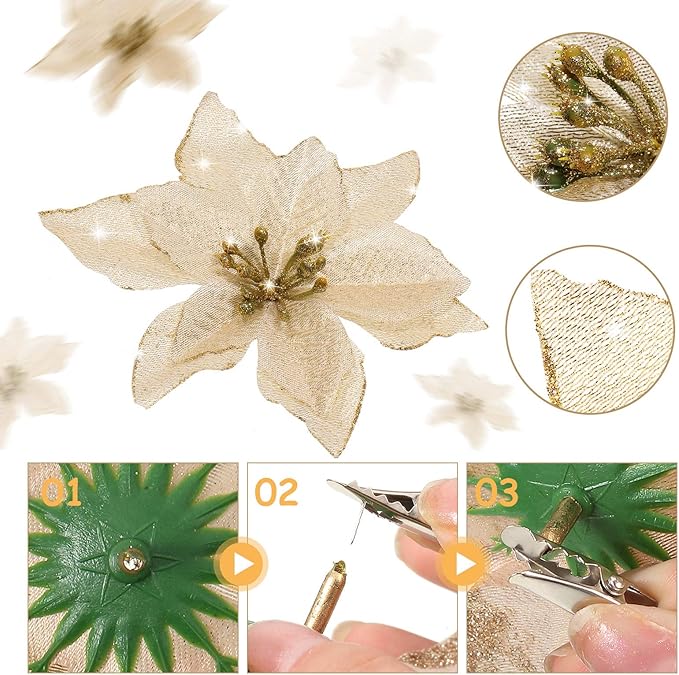 WILLBOND 24 Pcs 3 Size Poinsettia Flower Artificial Christmas Decor Glitter Poinsettia Christmas Ornaments Faux Flowers for Xmas Tree Outdoor(4/6/7.9 Inches,Gold)