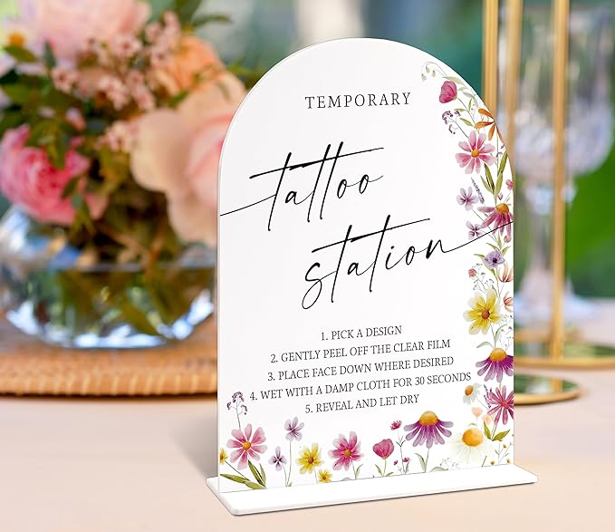 Temporary Tattoo Station Sign for Wedding Table Decor, Wild Flower Arch Acrylic Wedding Signs for Reception, Floral Bridal Shower Engagement Party Decorations for Love Is In Bloom
