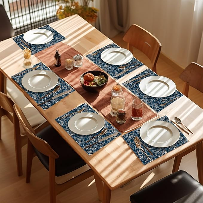 Ocean Coral Teal Placemats Set of 6,Washable Heat Resistant 12×18 Inch Linen Table Mats Coastal Place Mats for Party Outdoor Dining Décor