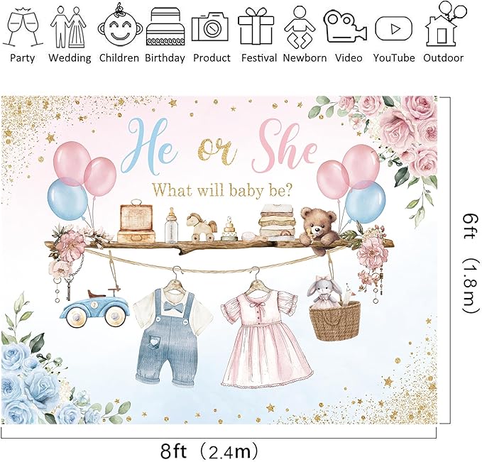 Riyidecor Gender Reveal Backdrop Polyester Fabric He or She Pink Blue Baby Shower Watercolor Flower Balloon Floral 8Wx6H Feet What Will Baby Be Photography Background Newborn Photo Studio Shoot
