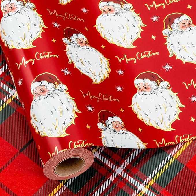 Yarcony Red Christmas Wrapping Paper Roll, Santa Wrapping Paper, Retro Classic Red Santa Claus, Stewart Tartan Plaid Christmas Gift Wrap Sheets for Winter Holiday, Festive Decor (17 Inch X 33 Feet)