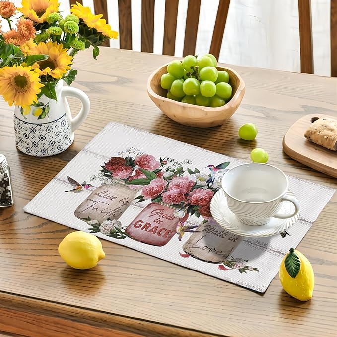 Rose Flower Placemats Set of 4 Farmhouse Peony Floral Table Mats Washable Place mats for Home Party Indoor Kitchen Dining Table Decoration 12x18 Inch