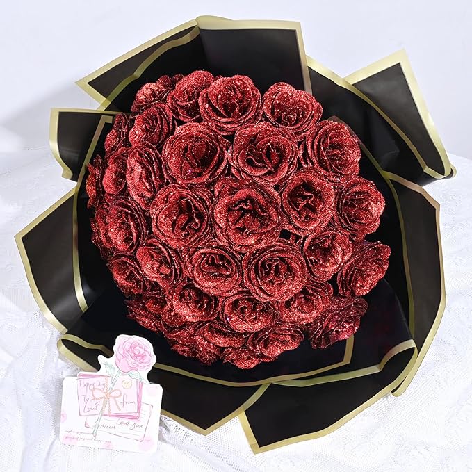 Waipfaru Glitter Roses Bouquet, DIY Fake Flowers Bouquet, Birthday Gifts for Women Mom, 36 Pcs Red Rose for Grandma Wife Girlfriend Valentines, Mothers Day, Anniversary, Graduation