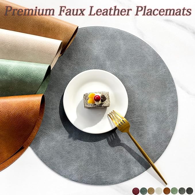 UnivoColors PU Leather Placemats Set of 8,15 Inches Round Washed Cowhide Pattern Table Mats for Dining Table, Kitchen, Party Decoration(Retro Grey)