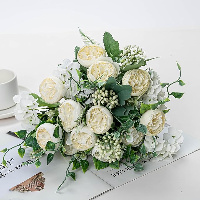 KAOYOO 4 PCS Artificial Peony Bouquet Short Stem for DIY Wedding Decoration Bridal Bouquet Home Decorations(White 4-PCS)