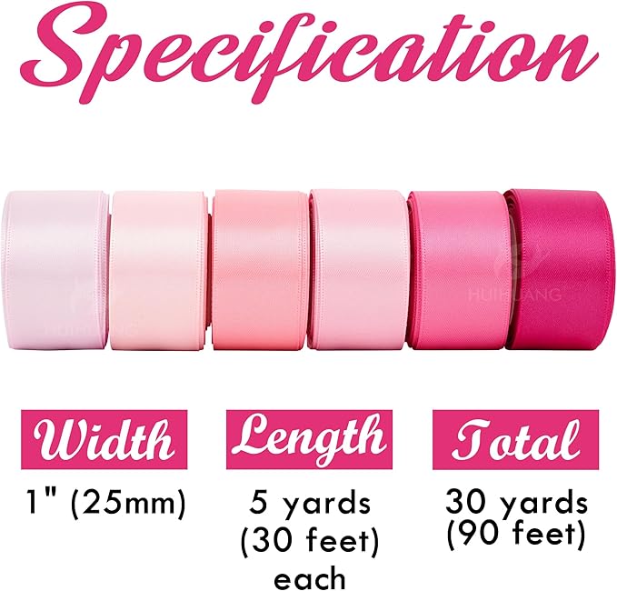 HUIHUANG Pink Satin Ribbon 1 inch Baby/Light/Hot Pink Double-Faced Satin Ribbons for Flower Bouquet, Gift Wrapping, DIY Crafts, Bridal Shower Wedding Decor- 6 Rolls, Total 30 Yards