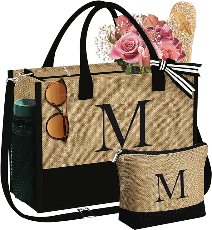 YOOLIFE Christmas Gifts for Women - Initial Jute Tote Bag & Makeup Bag, Birthday Gifts for Women Mom Wife Teacher Friend
