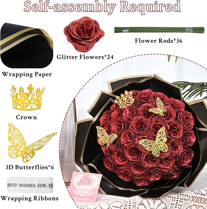 Waipfaru Glitter Roses Bouquet, DIY Fake Flowers Bouquet, Birthday Gifts for Women Mom, 36 Pcs Red Rose for Grandma Wife Girlfriend Valentines, Mothers Day, Anniversary, Graduation