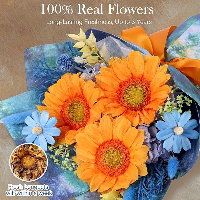 Forever Flowers for Delivery - Preserved Sunflowers Bouquet, Green Sunflowers That Last 3 Years, Eternal Flowers Bouquet for Her Mother Mom Wife Friends Birthday Gifts for Women, Starry Sky Blue