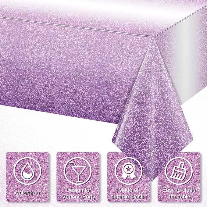 6 Pack Ombre Plastic Tablecloth for Parties, Gradient Pastel Purple Disposable Tablecloths for Rectangle Tables, Sprinkle Table Cover for Wedding Birthday Anniversary Party, 54 x 108Inch