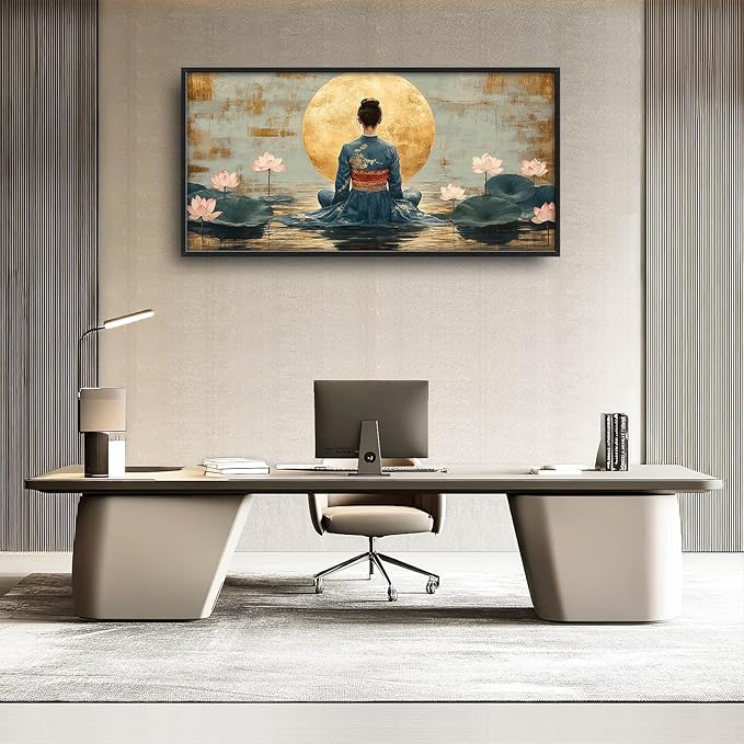 Japanese Woman Large Wall Art Lotus Moon Pictures Wall Decor Nature Canvas Landscape Print Painting Modern Artwork Home Decoration for Living Room Bathroom Bedroom Office Framed 60"x30"