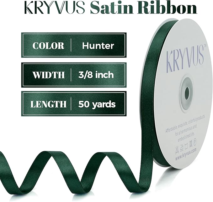 Hunter Green Satin Ribbon, Double Faced 3/8 Inch X 50 Yards Hunter Green Ribbon, Premium Satin Ribbon for Gift Wrapping, Crafts, Hair Bow Making, Sewing, Flower Bouquet, Wedding Party Decor