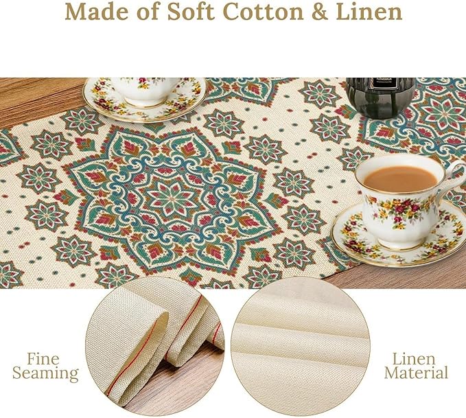 Boho Table Runner, Colorful Bohemian Mandala Geometric Floral Table Runner for Kitchen Dining Home Party Decoration, 13x36 Inch