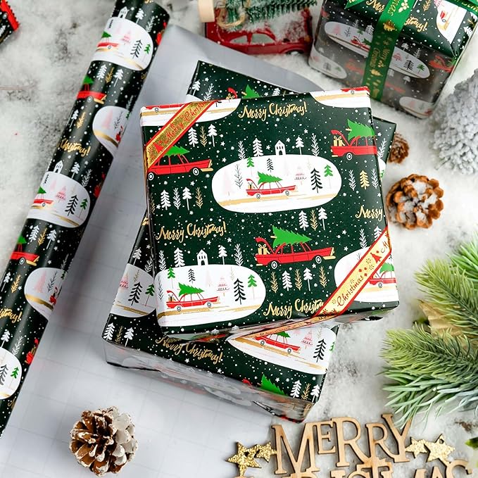 MAYPLUSS Green Christmas Wrapping Paper - 17In x 33 Feet - Truck, Christmas Tree Xmas Gift Wrapping, Gold Foil Wrapping Paper for Holiday, Party, Birthday New Year Gift Wrapping Paper,Mini Roll