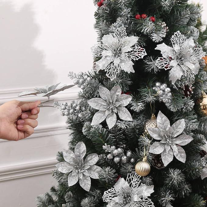 24Pcs Silver Glitter Poinsettia Christmas Tree Ornaments and Glitter Berries Stems, 16Pcs Christmas Artificial Flowers and 8 Pack Christmas Tree Picks for Wedding Holiday Decorations