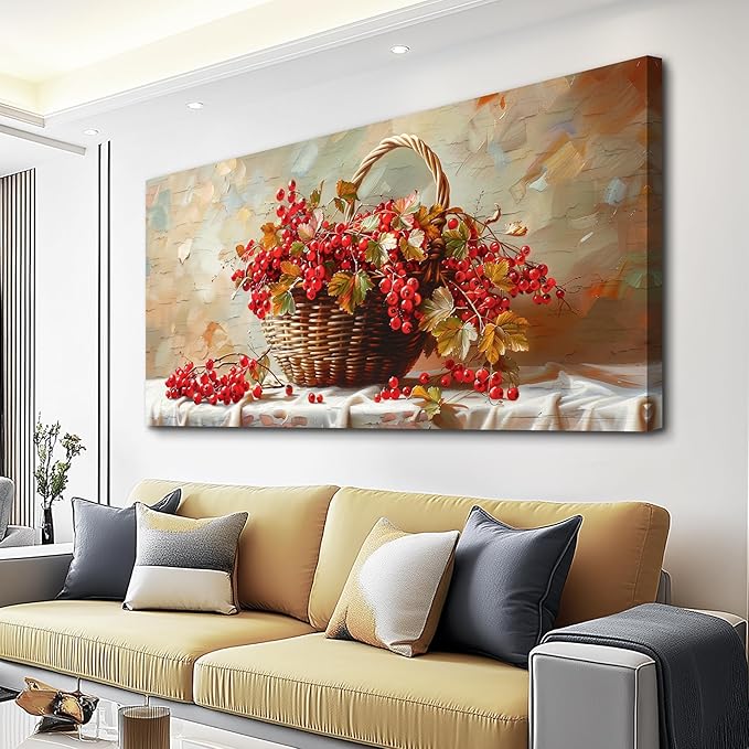 hyidecorart Large Canvas Print Wall Art Rustic Dining Room Artwork For Walls Still Life Bamboo Basket And Fruit Vintage Wall Decor Pictures For Living Room Farmhouse Kitchen Bar Office Posters 30x60