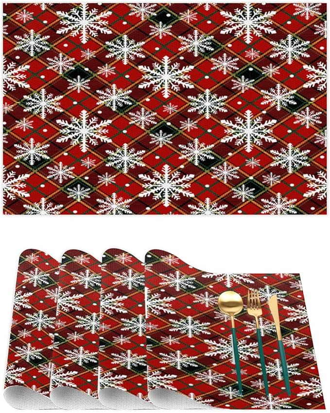 Christmas Xmas Waffle Art Snowflake Placemats Set of 1 PVC Vinyl Non Slip Table Mats Heat Resistant Place Mats Washable Wipeable Dining Table Mat for Kitchen Decor Party Indoor Outdoor Decorative Gift