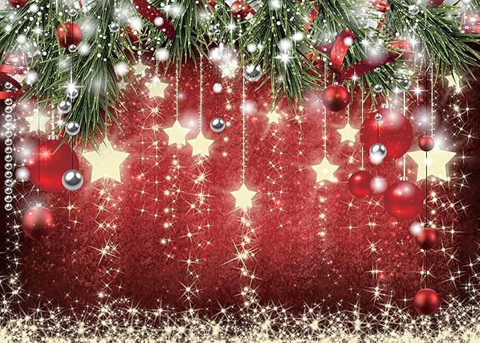 SJOLOON Christmas Backdrops Red Ball Theme Background Shining Stars Background New Year Backdrop for Christmas Party Decoration Banner Photo Shoot 12364 (12x10FT)