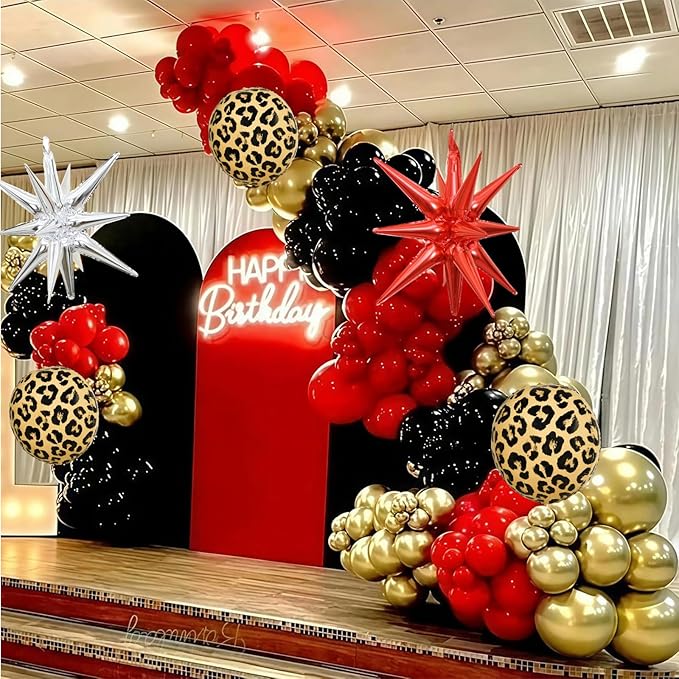 Red Black Gold Balloon Arch Garland Kit Leopard Cheetah Print Party Balloons Black Red Metallic Silver Gold Explosion Star Balloon for Girl Night Bachelorette New Year Casino Birthday Party Decoration