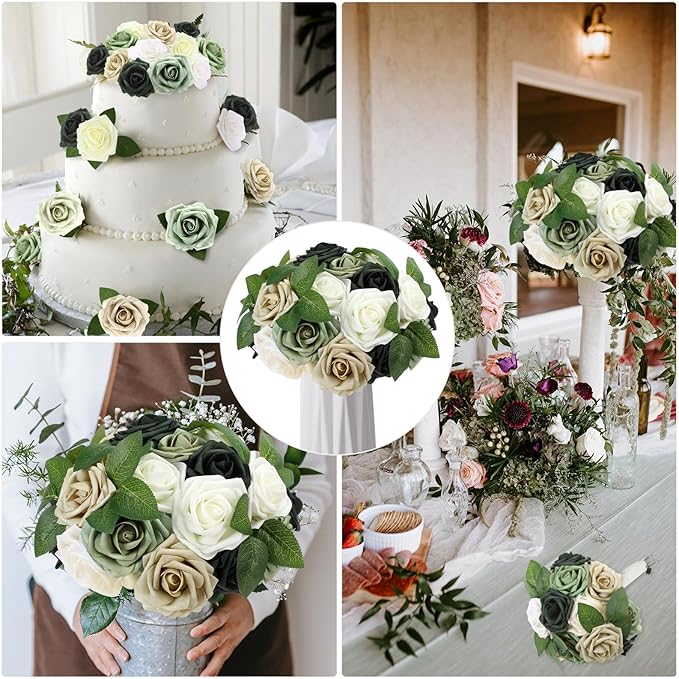 100 Pieces Artificial Foam Rose Flowers Faux Bouquet with Leaves and Stems for DIY Wedding Bouquets Centerpieces Bridal Shower Party Valentine Home Decorations (Shades of Emerald)