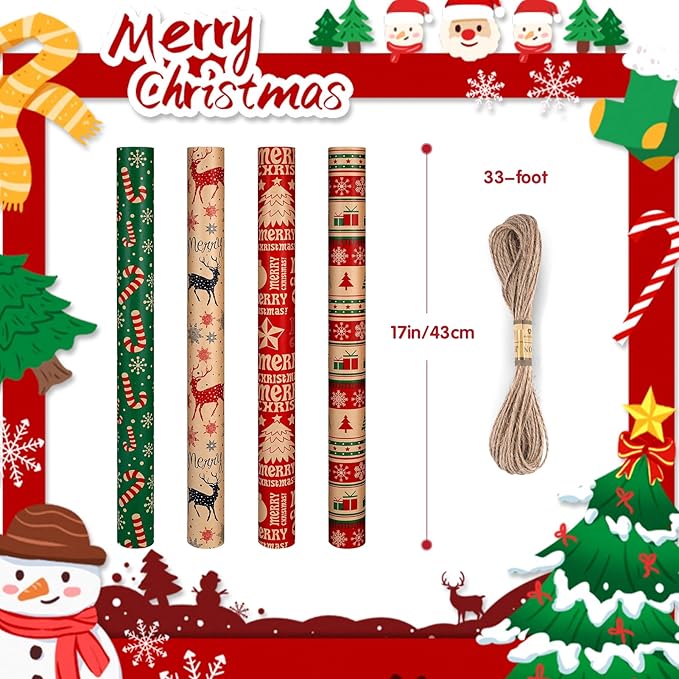 Panigkids Christmas Wrapping Paper Set with Jute Twine, Red, Green & Natural Kraft Rolls with Candy Canes, Reindeer & Merry Christmas Print (17 inch x 17 ft) 4 Rolls