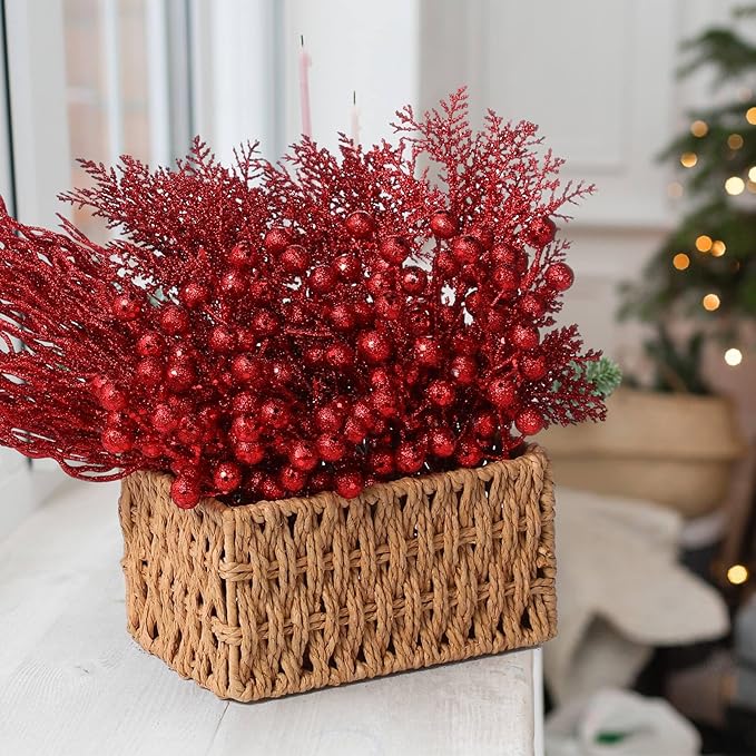 75 Pcs Christmas Glitter Branches 3 Styles Artificial Christmas Picks Berries Stems Pine Needles Floral Twig Spray for Xmas Tree Ornaments DIY Wreath Garland(Red)