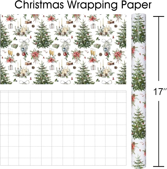 MAYPLUSS Christmas Wrapping Paper Roll - 17 In x 33 Feet - Cute Watercolor Christmas Tree Candle Pinecone Goblet Gift Wrap Paper for New Year, Holiday, Kids