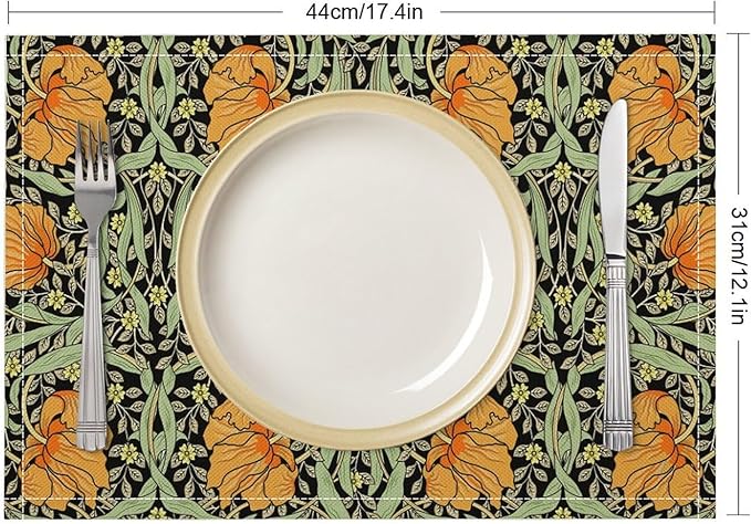 William Morris Placemats Farmhouse Sage Green Orange Vintage Floral Art Printed Dining Table Mats Set of 4 for Home Kitchen Holiday Picnic Party Decoration 12x18in
