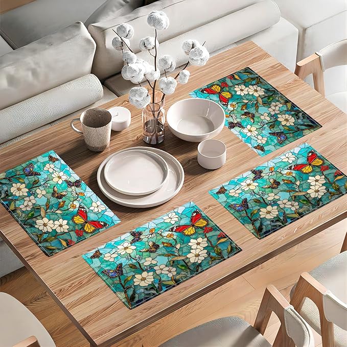 Butterfly Teal Placemats Set of 6, Colorful Stained Glass Place Mats, Rustic Flowers Dining Table Mats, Washable Placemats for Kitchen Dining Room Home Decor 18L'' × 12W''