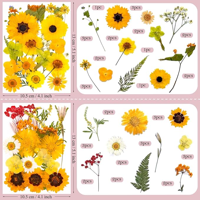 94 Pcs Yellow Pressed Dried Flowers for Resin, Real Natural Bulk Dry Wildflowers Leaves Perfect for Epoxy Molds, DIY Crafts, Home Decor, Soap Candles Jewelry Making