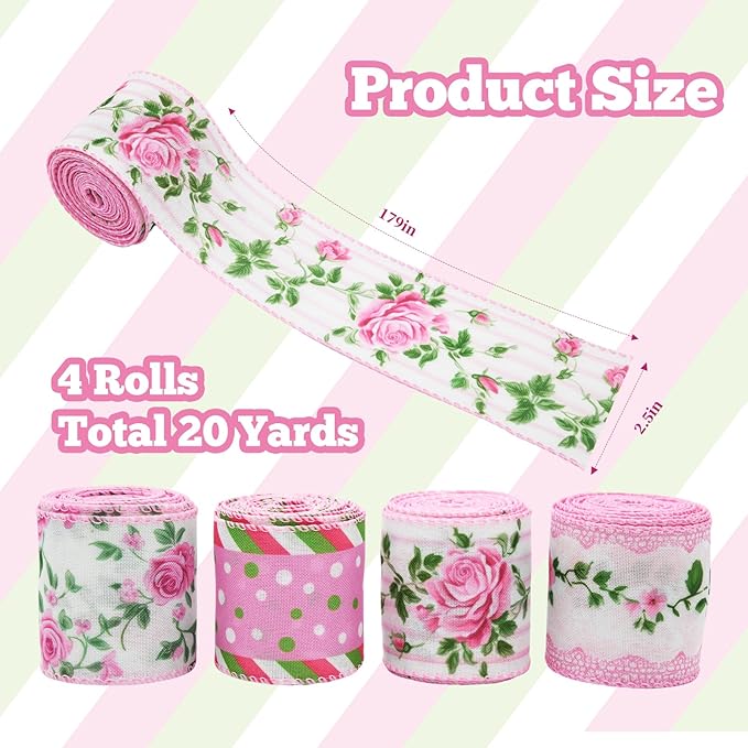 4 Rolls Pink Rose Floral Wired Edge Ribbon – 2.5 Inch, 5 Yards Each, Summer Grosgrain Set for Wedding Decor, Gift Wrapping, DIY Crafts, Mother's Day Gift