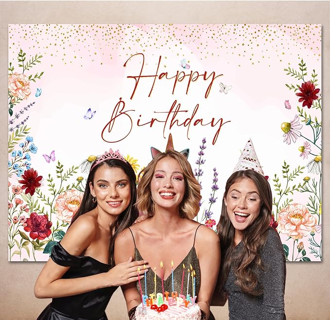 Wildflower Happy Birthday Backdrop Banner Girls Floral Birthday Decorations,Spring Watercolor Wildflower Bday Background Women Girls Wild Flowers Theme 1st Birthday Party Decor Photo Booth Props 8x6ft