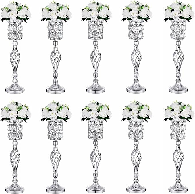 Set of 10 Metal Diamond Crystal Wedding Centerpiece Vases for Tables, 24in Silver Versatile Tall Flower Holders Centerpiece Flower Stands for Wedding Party Reception Home Décor