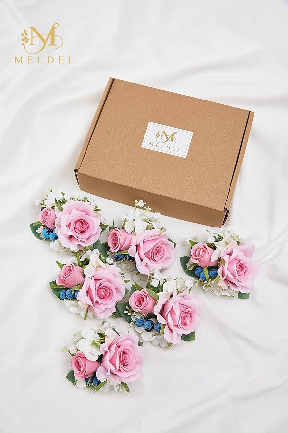 Meldel Pink Pocket Boutonniere for Men Wedding, Set of 6, Prom Corsages Flower Party Suit Decoration, Rose Corsage for Groom and Groomsman Ceremony Anniversary