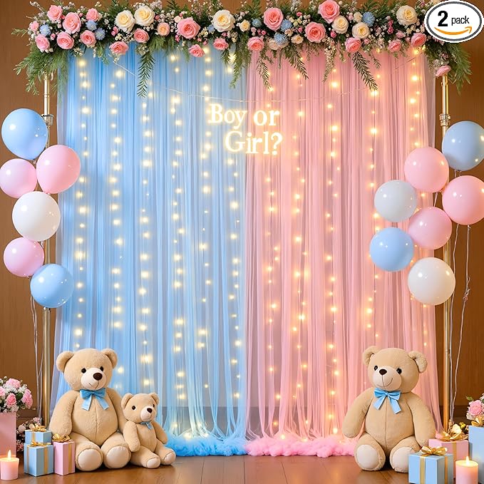 10ft x 10ft Pink Blue Tulle Photo Backdrop Curtain with Lights String for Gender Reveal Sheer Curtain Back Drop Baby Shower Backdrop for Boy or Girls Birthday Party Photo Booth Background Decorations