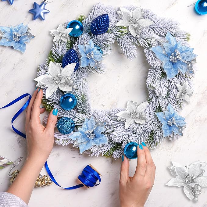 Boao 24 Pieces Christmas Artificial Glitter Poinsettia Flowers Xmas Flowers Wedding Christmas Tree New Year Ornaments (Sky Blue and Silver)