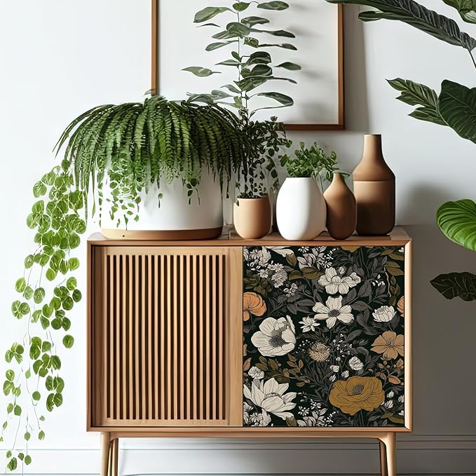 17.3"x118" Vintage Wallpaper Boho Peel and Stick Dark Floral Wall Paper Contact Paper Wildflowers Botanical Papers Removable Renter Friendly Wallpaper