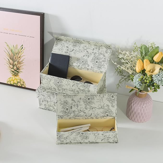 Soul & Lane Decorative Storage Boxes with Lids, Set of 3 Cardboard Boxes for Home Décor and Documents, Memory Organizers for Keepsakes with Magnetic Closure, Photo Storage, Elegant Floral