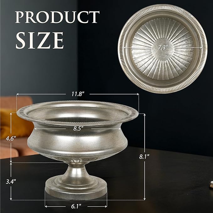 Worth 8" H. Silver Color Urn Vase for Centerpieces, 11.8" Dia. Metal Trumpet Small Flower Pots for Table, Bowl Vase for Wedding Party Event Home Decor