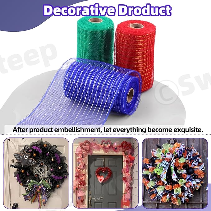 Swpeet 3 Rolls 6 Inches Mesh Ribbon Glitter Metallic Wrapping Ribbon Kit, Glitter Tulle Fabric Spool Ribbon Metallic Foil Mesh Ribbon for DIY Project Wreaths Party Decorations Wrapping Craft