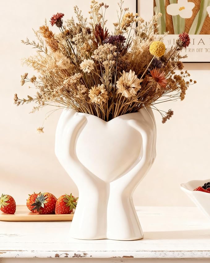 A Heart Held in Two Hands White Vases for Flowers - Cute Modern Small Ceramic Flower Vase for Pampas Grass - Decorative Table Vase for Coffee or Dining Table Centerpiece, Shelf - Gift for Mom (White)
