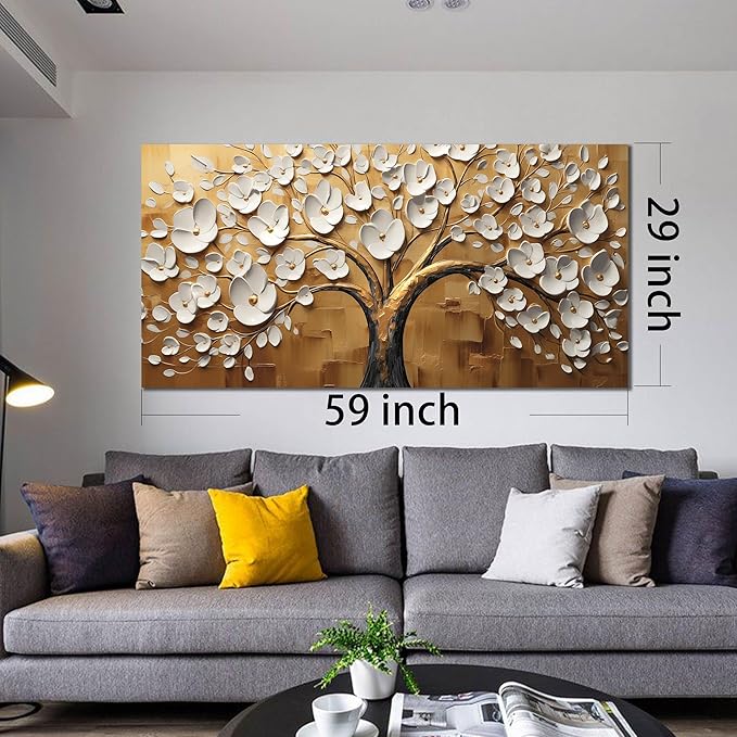 Large Wall Art for Living Room Bedroom Office Tree Art Wall Decor Gold Artwork Tree of Life Wall Art White Flower Framed Wall Decor Modern Canvas Prints 29x59 In