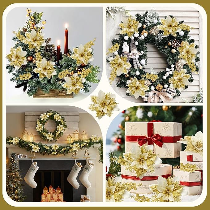 50pcs Glitter Poinsettia Christmas Ornaments, Artificial Flowers with Clips Stems for DIY Wreath Making, Holiday Home Party Decorations, Indoor Use (Gold)