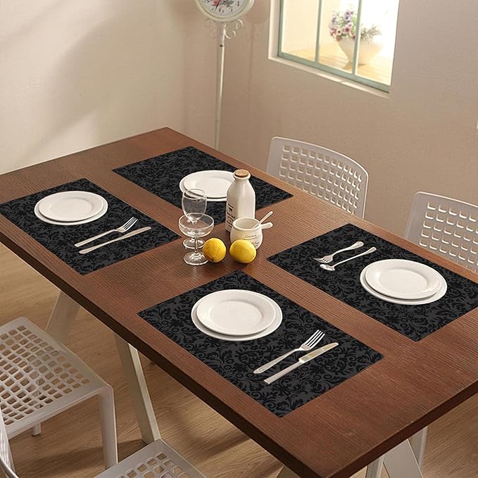 Placemats Set of 4 Vintage Black Damask Floral Dining Place Mats Linen Table Mat for Farmhouse Home Kitchen Decor 12 X 18 Inch